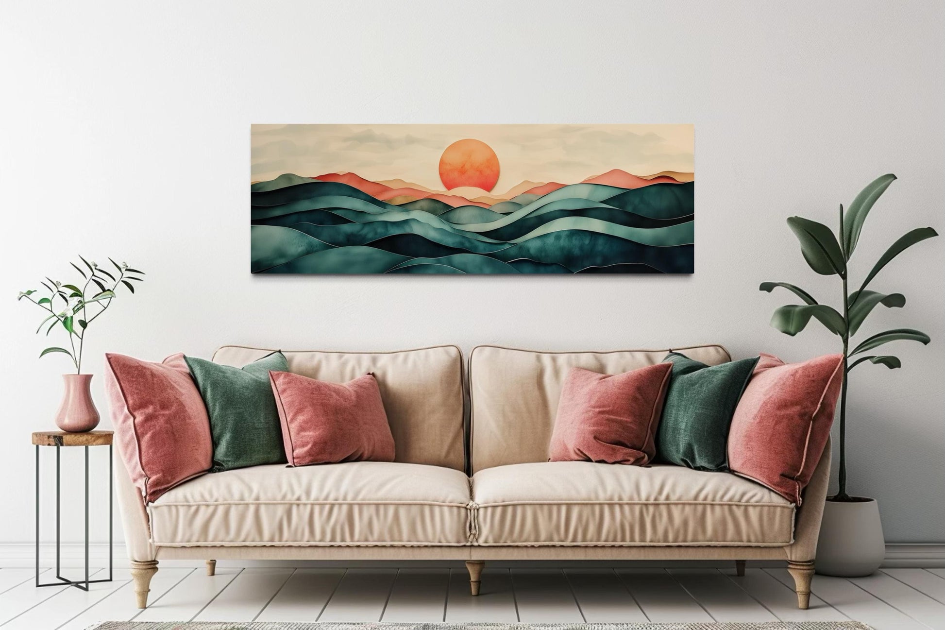 Blush Pink and Green Teal Mountain Sunset Long Horizontal Above Bed Canvas Wall Art