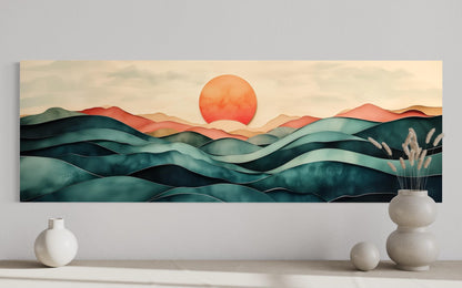 Blush Pink and Green Teal Mountain Sunset Long Horizontal Above Bed Canvas Wall Art
