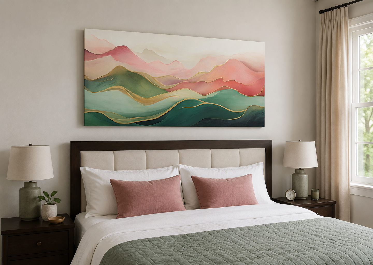 Abstract Mountain Wall Art - Framed Canvas Print With Soft Blush Pink Green Palette
