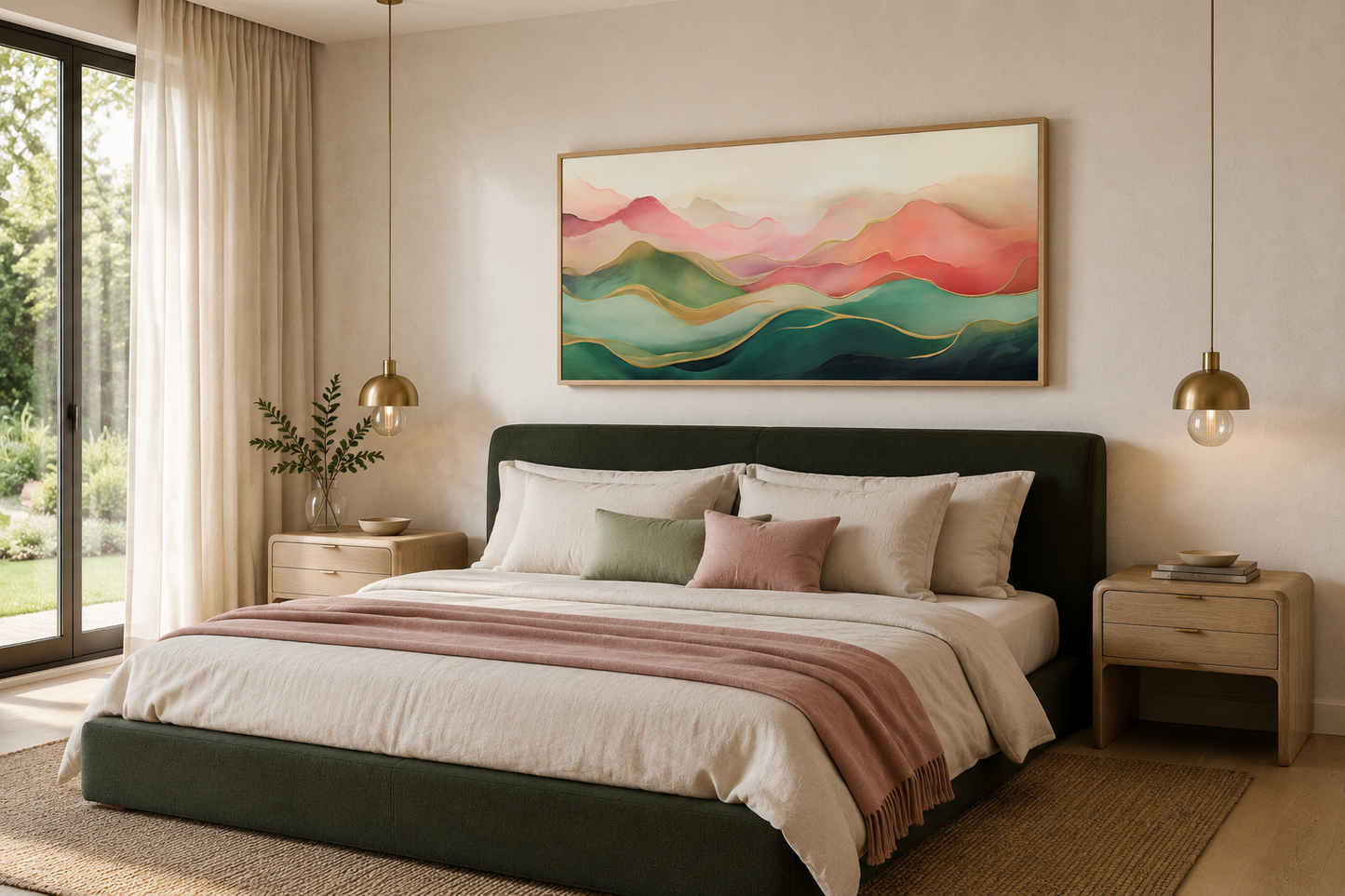 Abstract Mountain Wall Art - Framed Canvas Print With Soft Blush Pink Green Palette