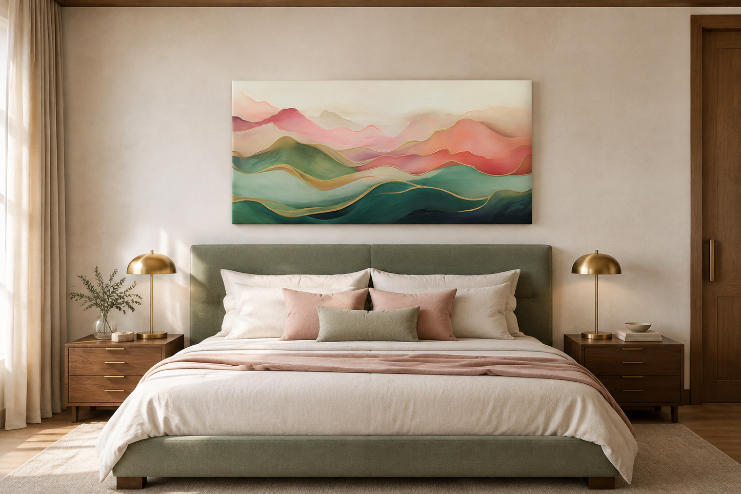 Abstract Mountain Wall Art - Framed Canvas Print With Soft Blush Pink Green Palette