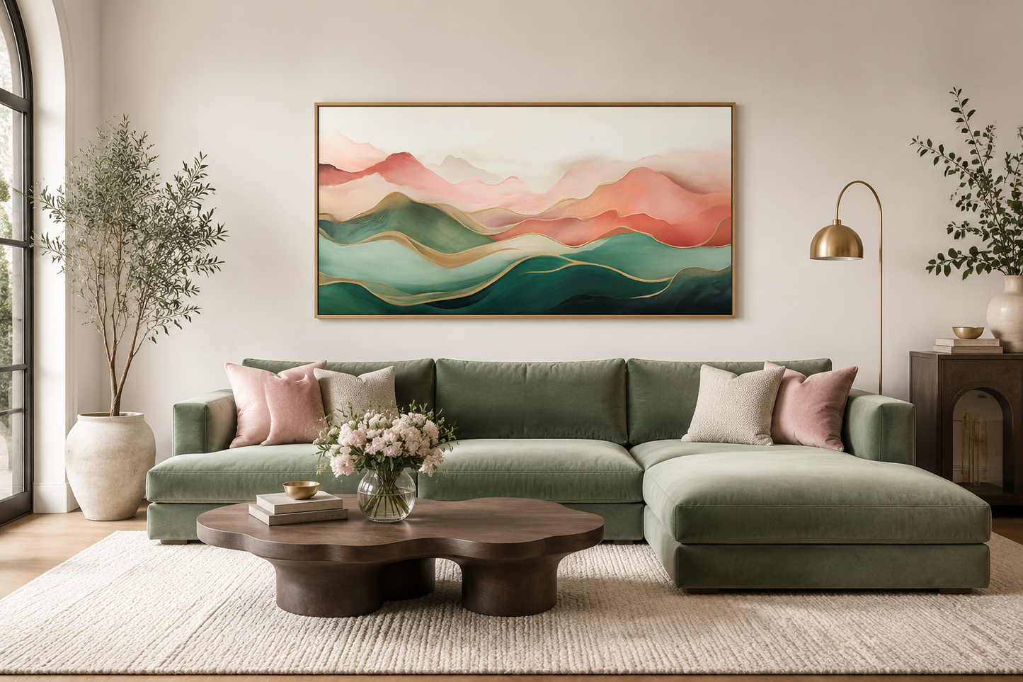 Abstract Mountain Wall Art - Framed Canvas Print With Soft Blush Pink Green Palette