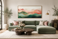 Abstract Mountain Wall Art - Framed Canvas Print With Soft Blush Pink Green Palette