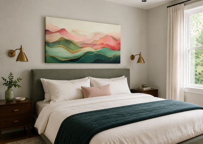 Abstract Mountain Wall Art - Framed Canvas Print With Soft Blush Pink Green Palette