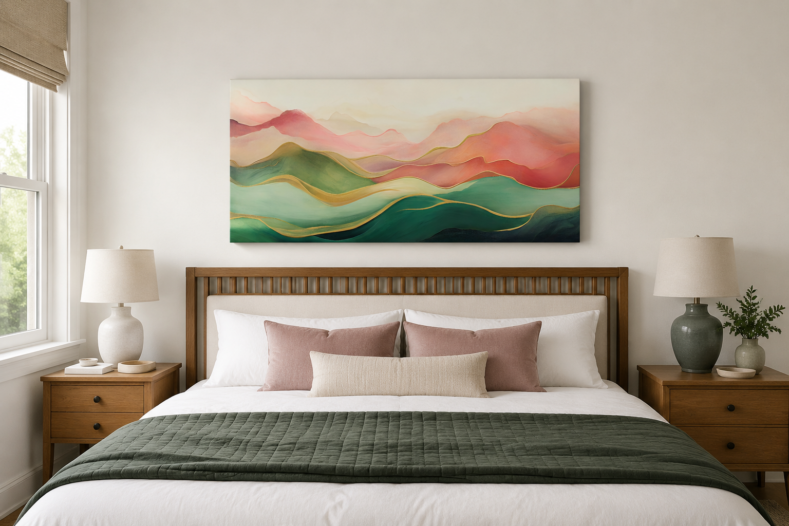 Abstract Mountain Wall Art - Framed Canvas Print With Soft Blush Pink Green Palette