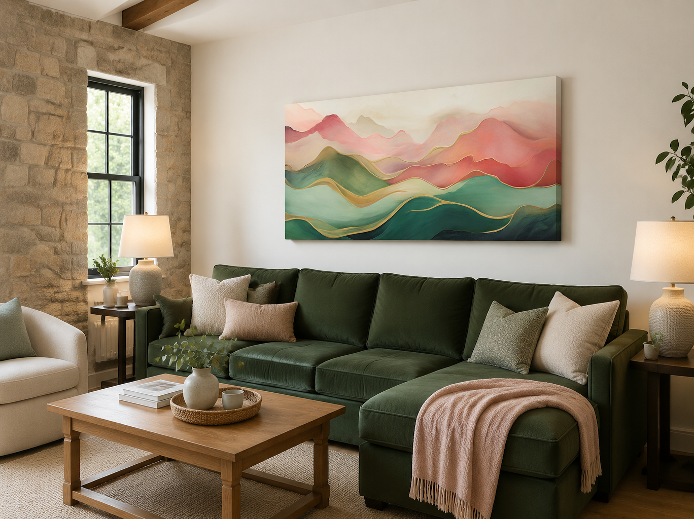 Abstract Mountain Wall Art - Framed Canvas Print With Soft Blush Pink Green Palette