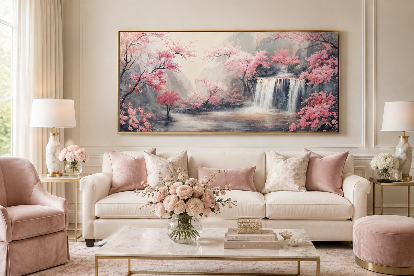 Blush Pink Cherry Blossom And Grey Waterfall Framed Canvas Wall Art, Pink Grey Decor