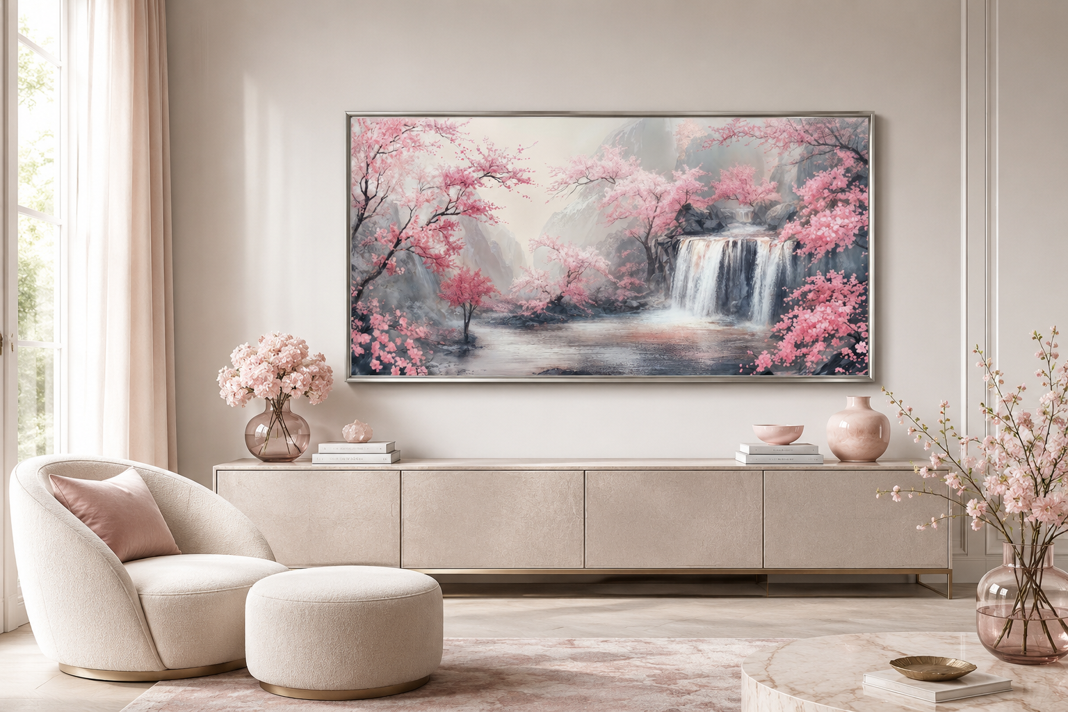 Blush Pink Cherry Blossom And Grey Waterfall Framed Canvas Wall Art, Pink Grey Decor