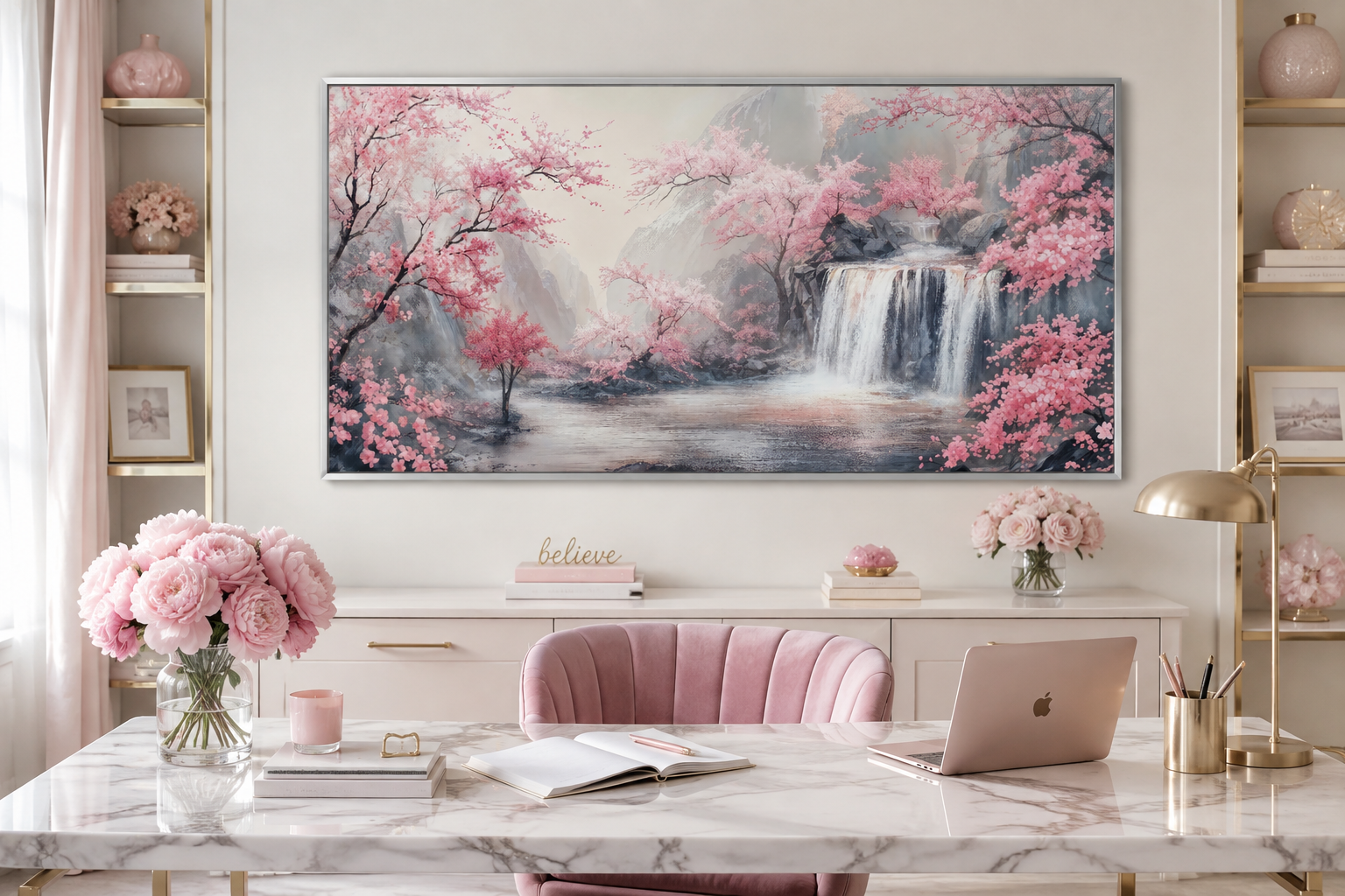 Blush Pink Cherry Blossom And Grey Waterfall Framed Canvas Wall Art, Pink Grey Decor