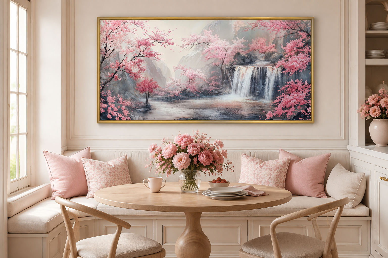 Blush Pink Cherry Blossom And Grey Waterfall Framed Canvas Wall Art, Pink Grey Decor