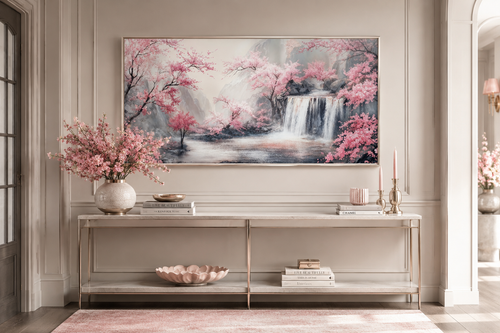 Blush Pink Cherry Blossom And Grey Waterfall Framed Canvas Wall Art, Pink Grey Decor