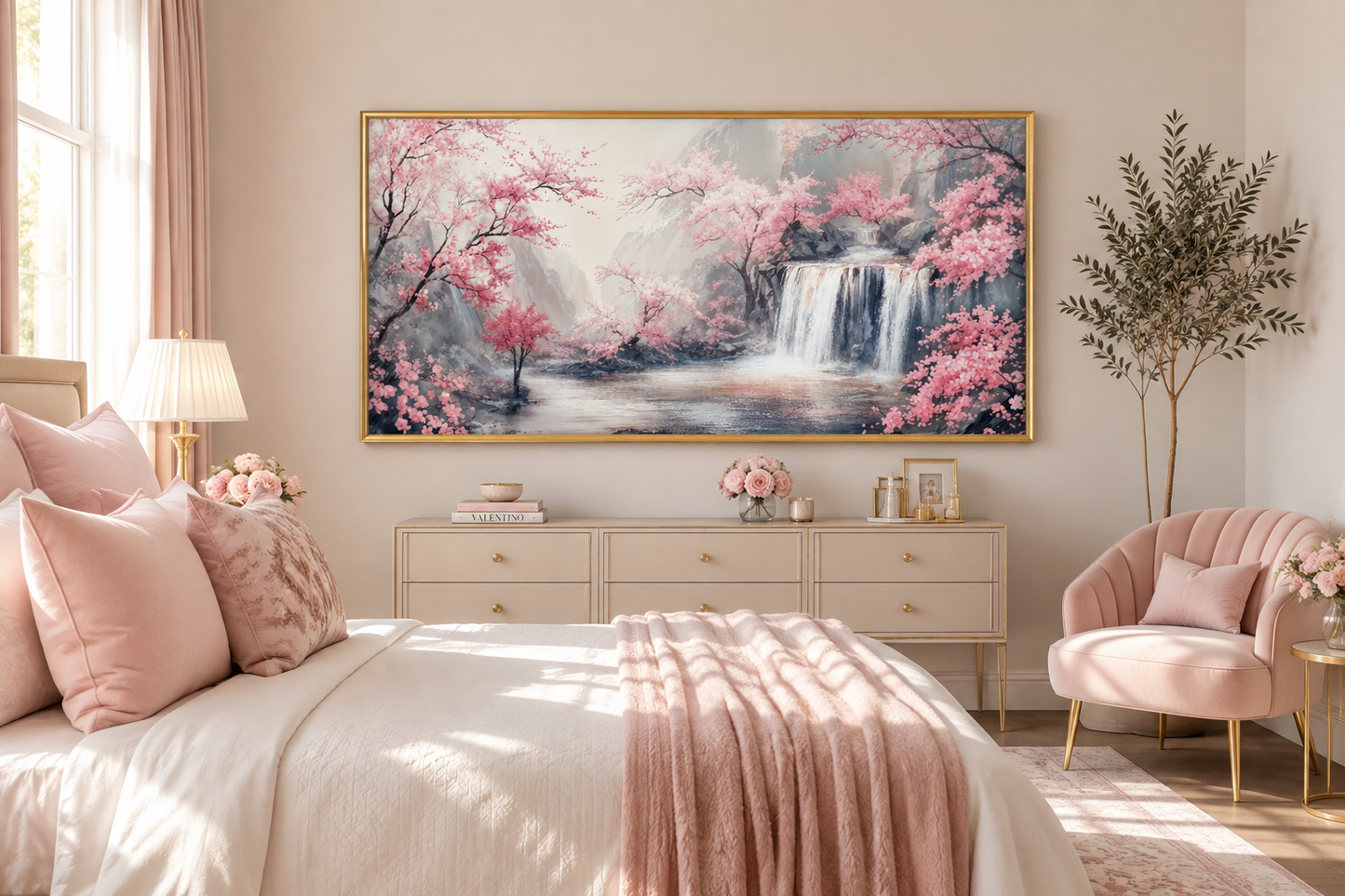 Blush Pink Cherry Blossom And Grey Waterfall Framed Canvas Wall Art, Pink Grey Decor