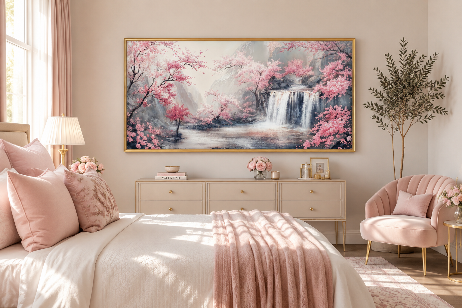 Blush Pink Cherry Blossom And Grey Waterfall Framed Canvas Wall Art, Pink Grey Decor