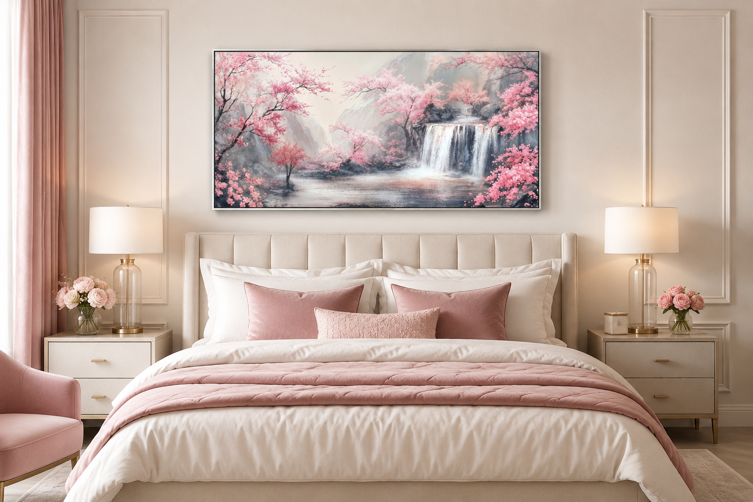 Blush Pink Cherry Blossom And Grey Waterfall Framed Canvas Wall Art, Pink Grey Decor