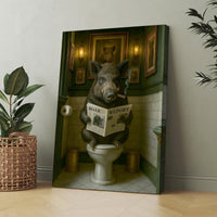 Funny Comical Wild Hog Poster – Smoking Boar on Toilet - Unique Rustic Gift for Hunters or Cabin Bathroom Decor Canvas W
