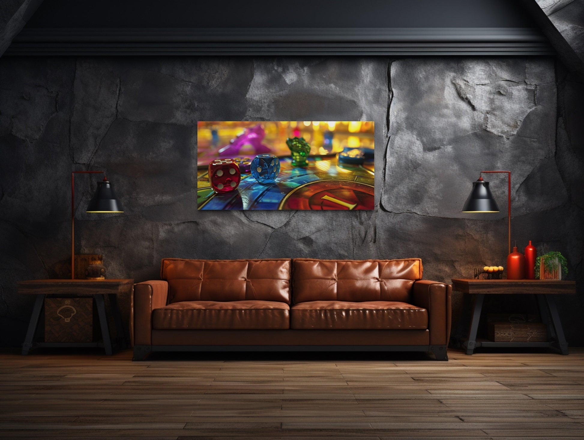 Board Game Wall Art - Framed Canvas Print with Rolling Dice for Game Room Decor