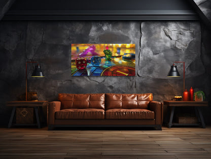 Board Game Wall Art - Framed Canvas Print with Rolling Dice for Game Room Decor