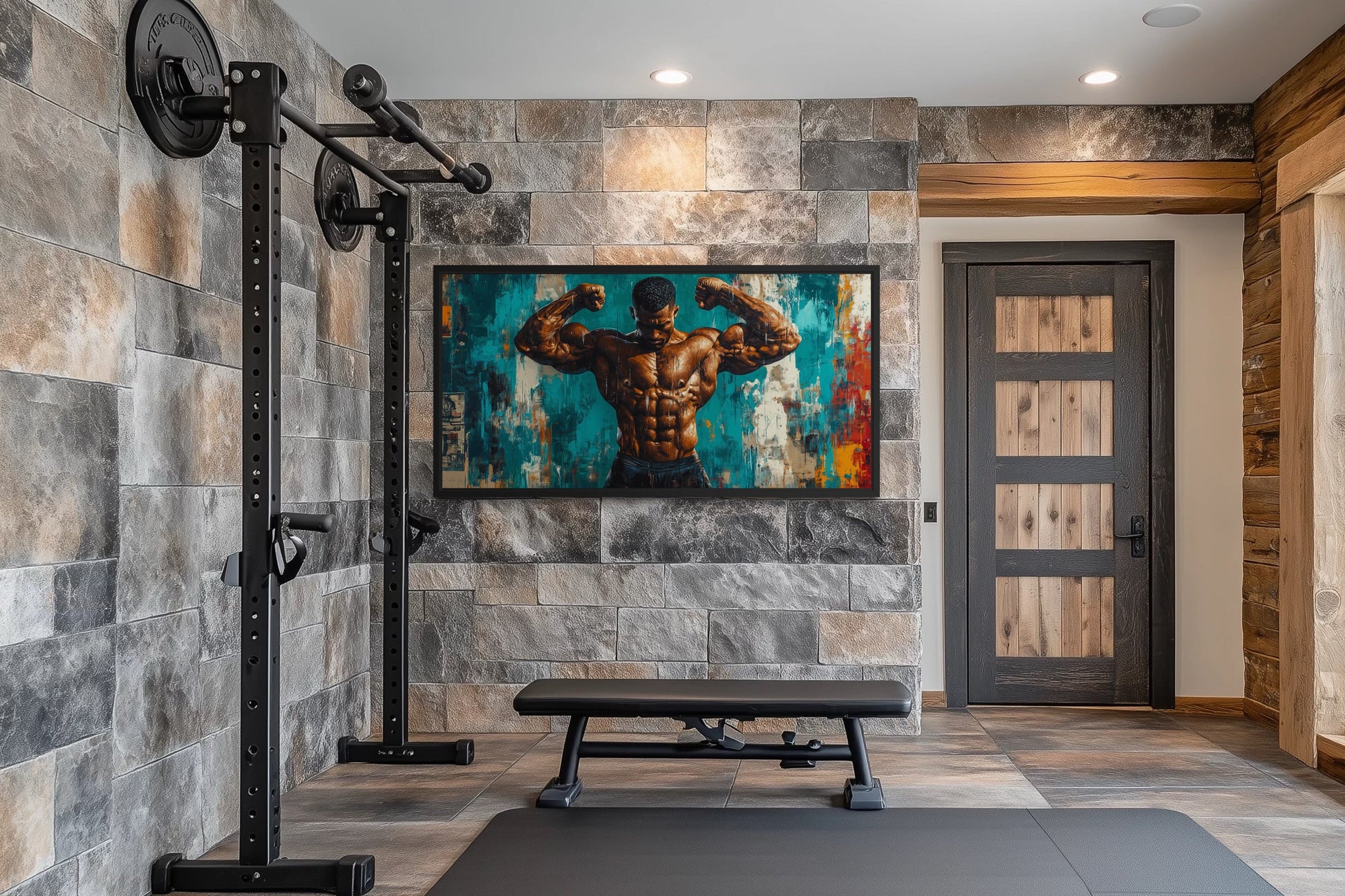 Bodybuilder Graffiti Wall Art – Framed Canvas Gym Painting for Fitness Room Decor
