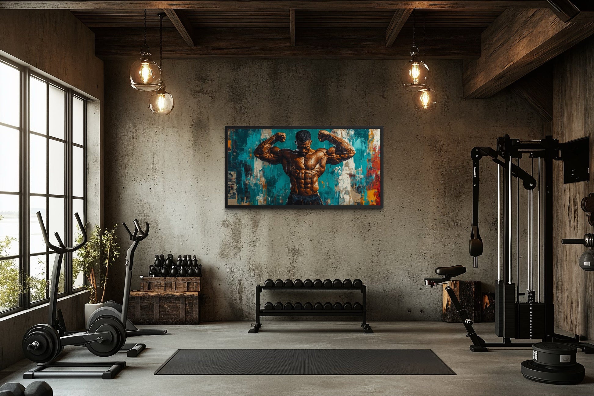 Bodybuilder Graffiti Wall Art – Framed Canvas Gym Painting for Fitness Room Decor
