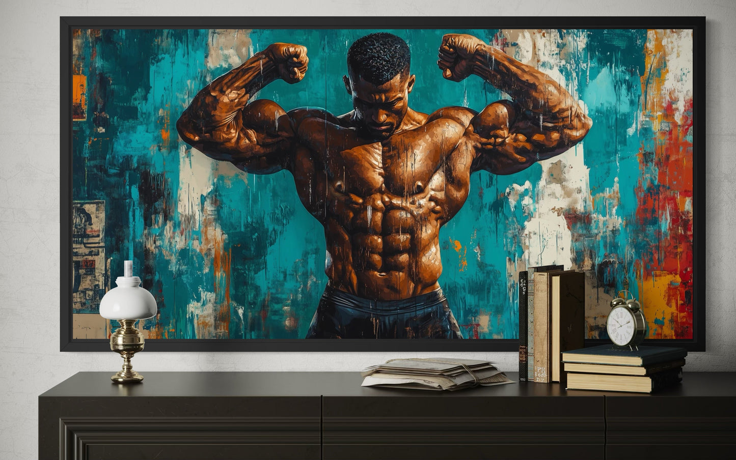 Bodybuilder Graffiti Wall Art – Framed Canvas Gym Painting for Fitness Room Decor