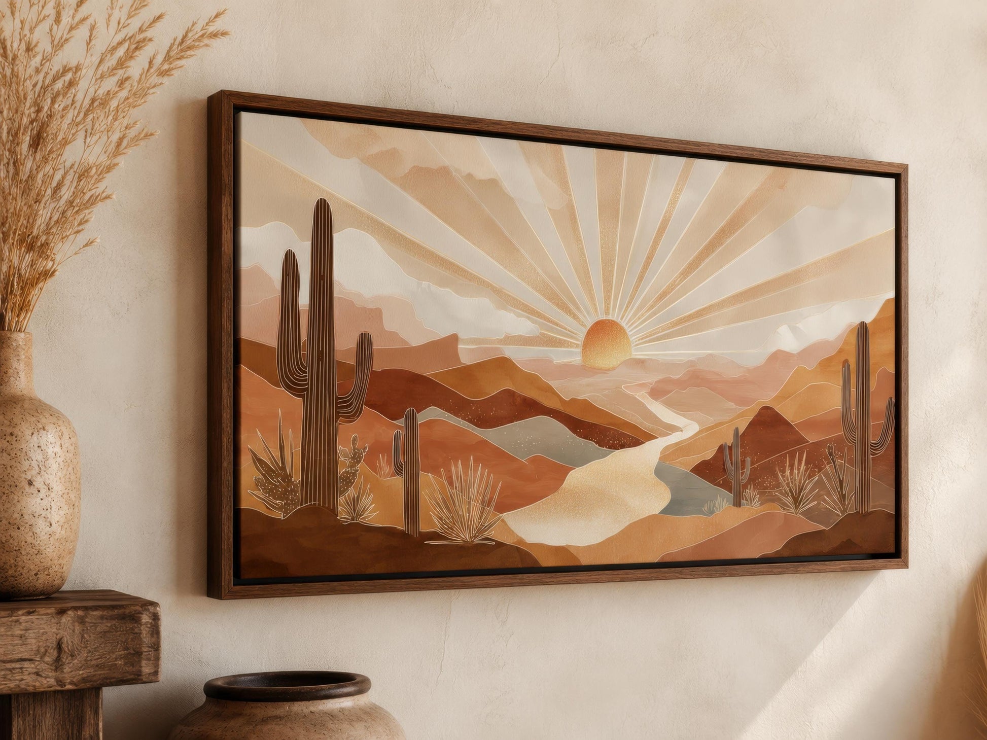 Boho Desert Sunset Wall Art - Southwest Landscape Painting | Saguaro Cactus Canvas Print