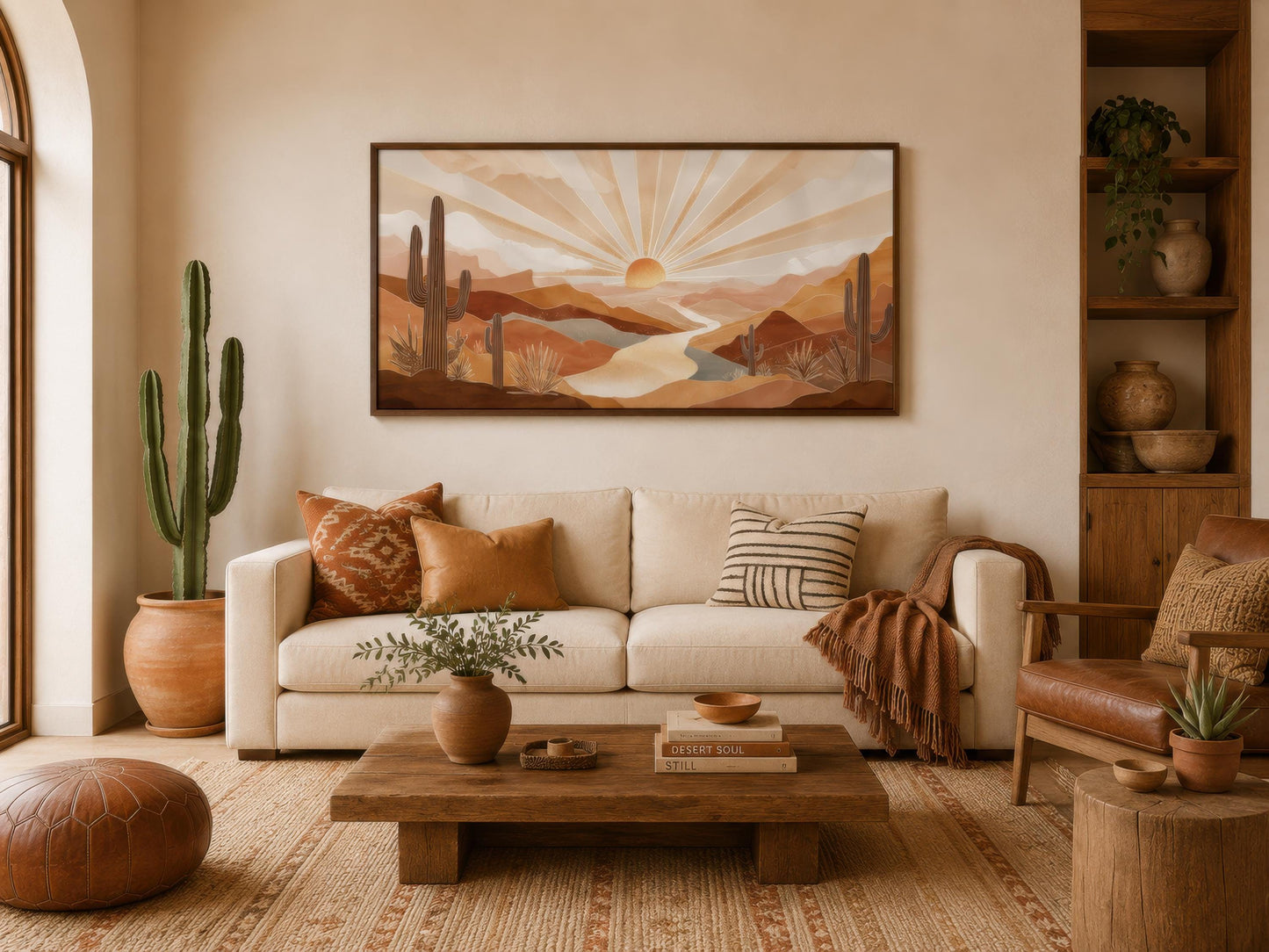Boho Desert Sunset Wall Art - Southwest Landscape Painting | Saguaro Cactus Canvas Print