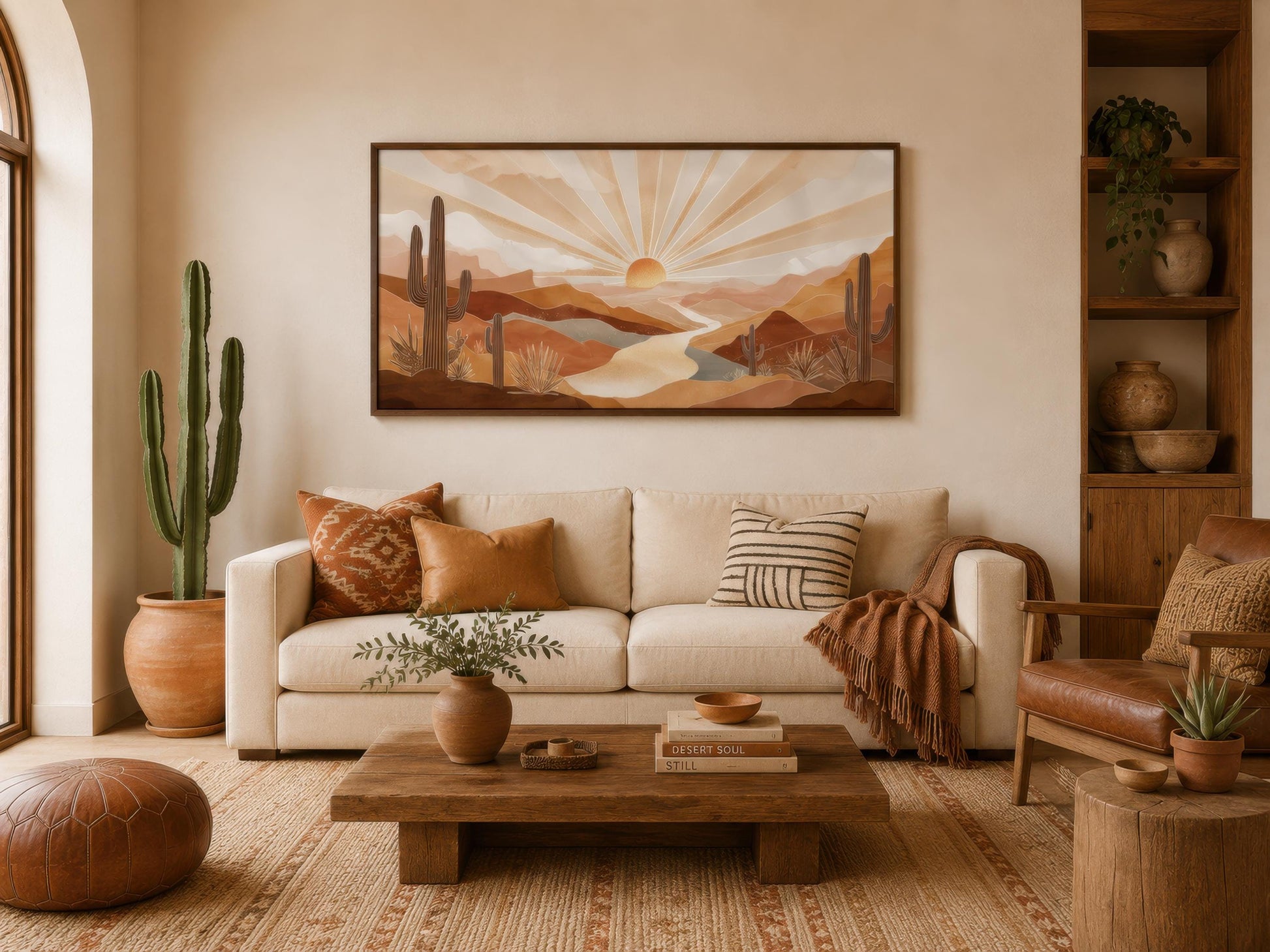 Boho Desert Sunset Wall Art - Southwest Landscape Painting | Saguaro Cactus Canvas Print
