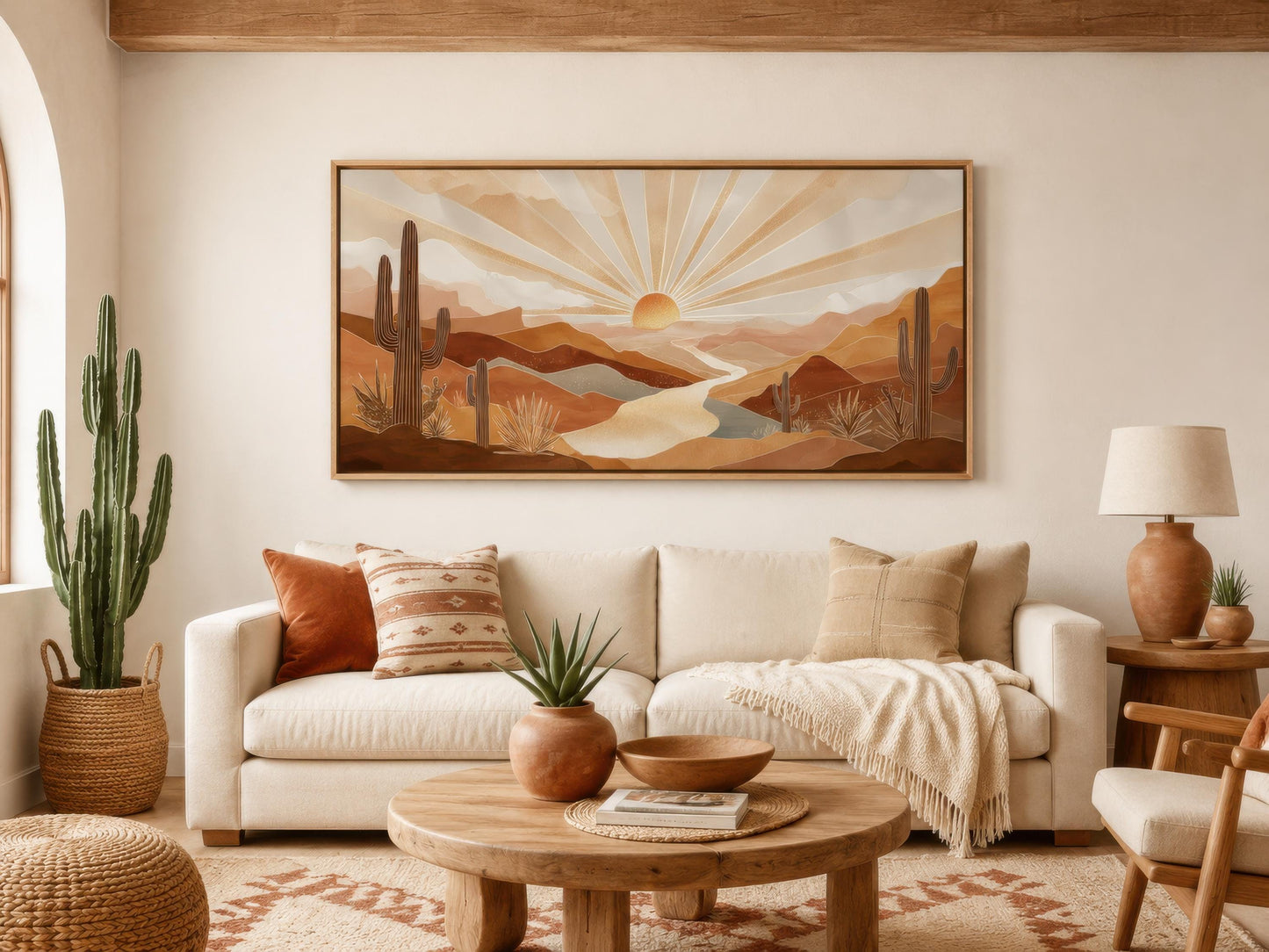Boho Desert Sunset Wall Art - Southwest Landscape Painting | Saguaro Cactus Canvas Print