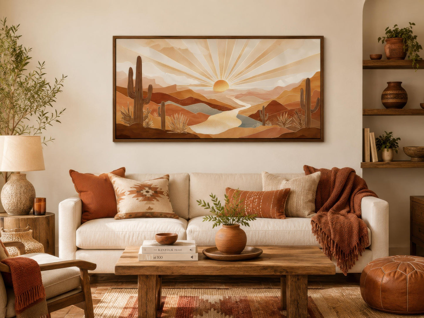 Boho Desert Sunset Wall Art - Southwest Landscape Painting | Saguaro Cactus Canvas Print