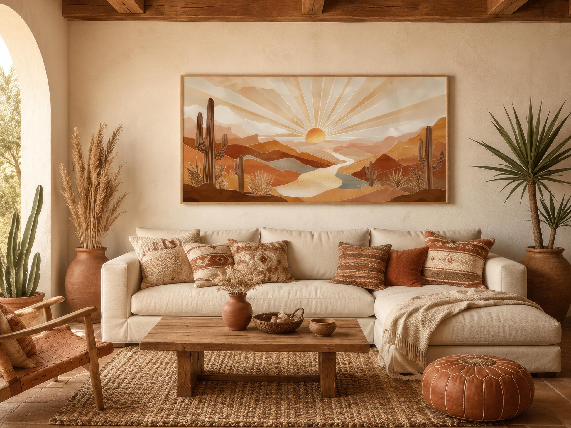 Boho Desert Sunset Wall Art - Southwest Landscape Painting | Saguaro Cactus Canvas Print