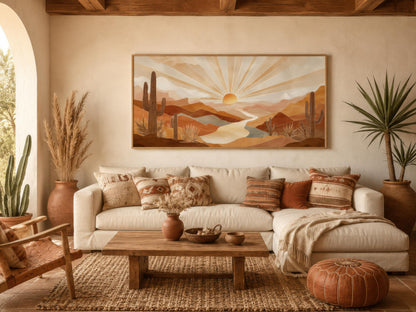 Boho Desert Sunset Wall Art - Southwest Landscape Painting | Saguaro Cactus Canvas Print