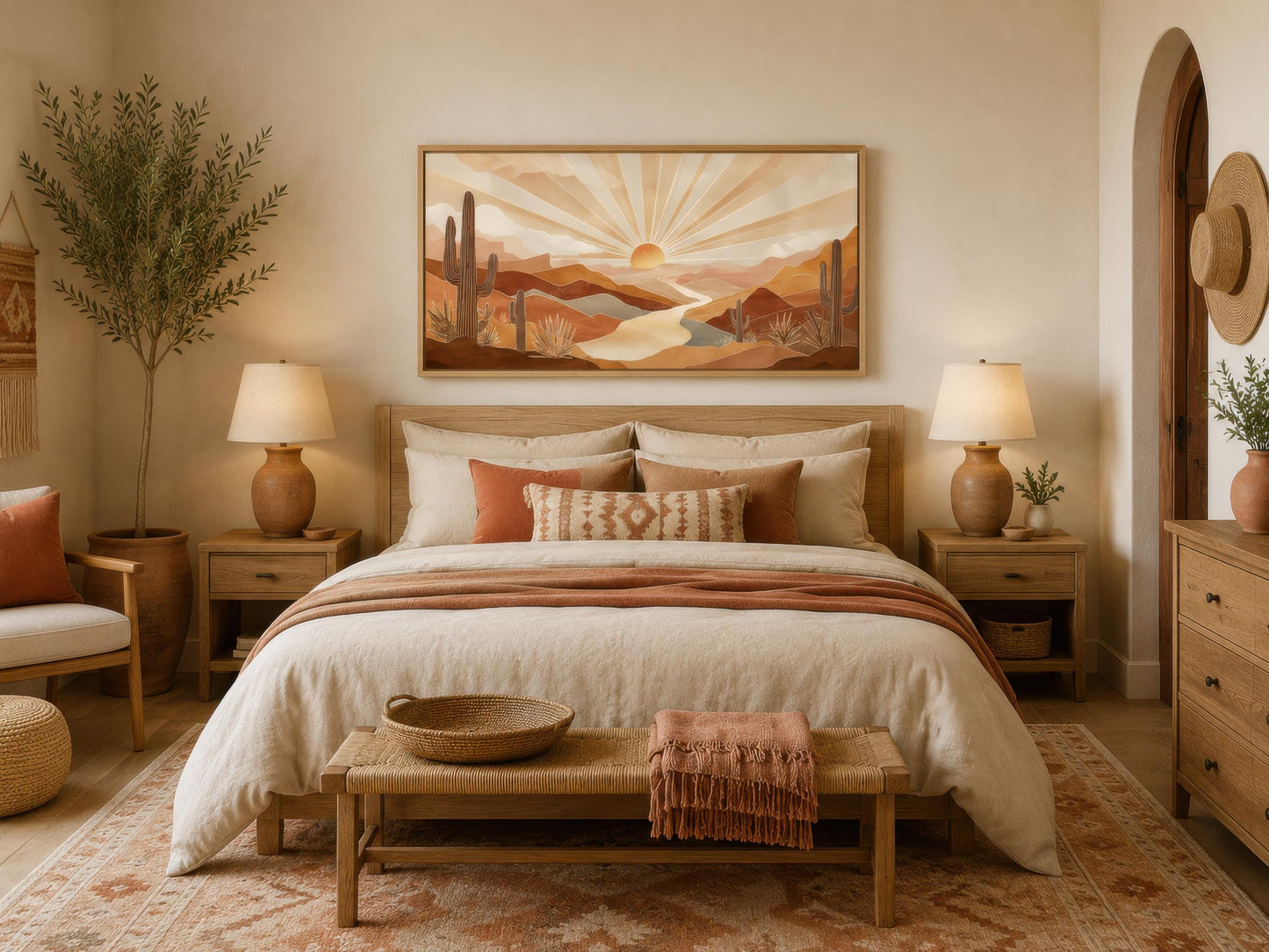 Boho Desert Sunset Wall Art - Southwest Landscape Painting | Saguaro Cactus Canvas Print