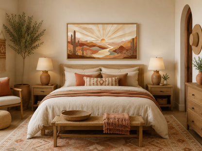Boho Desert Sunset Wall Art - Southwest Landscape Painting | Saguaro Cactus Canvas Print