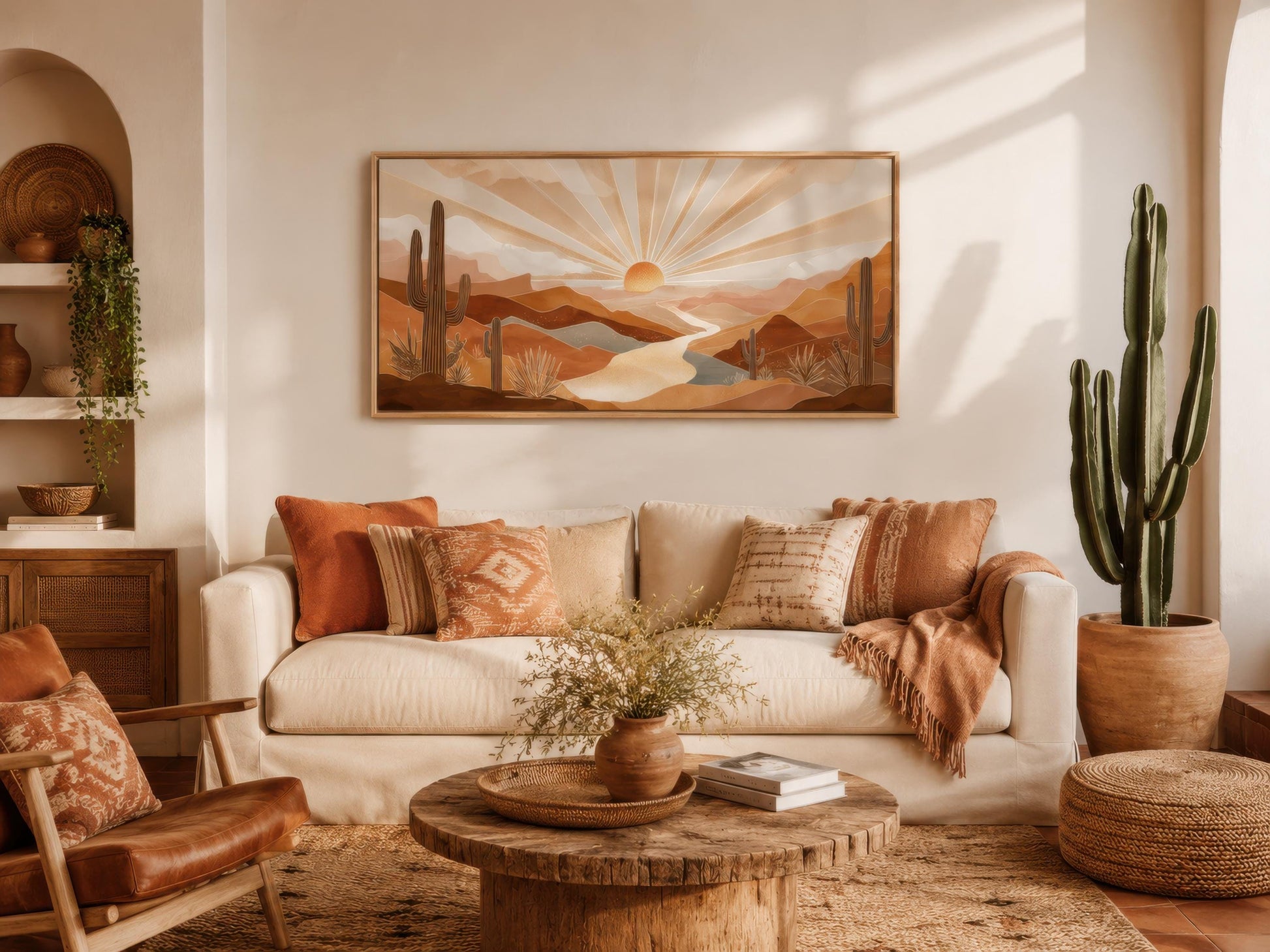 Boho Desert Sunset Wall Art - Southwest Landscape Painting | Saguaro Cactus Canvas Print