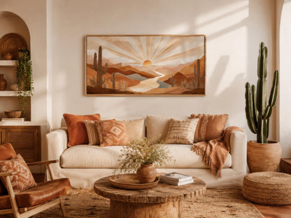 Boho Desert Sunset Wall Art - Southwest Landscape Painting | Saguaro Cactus Canvas Print