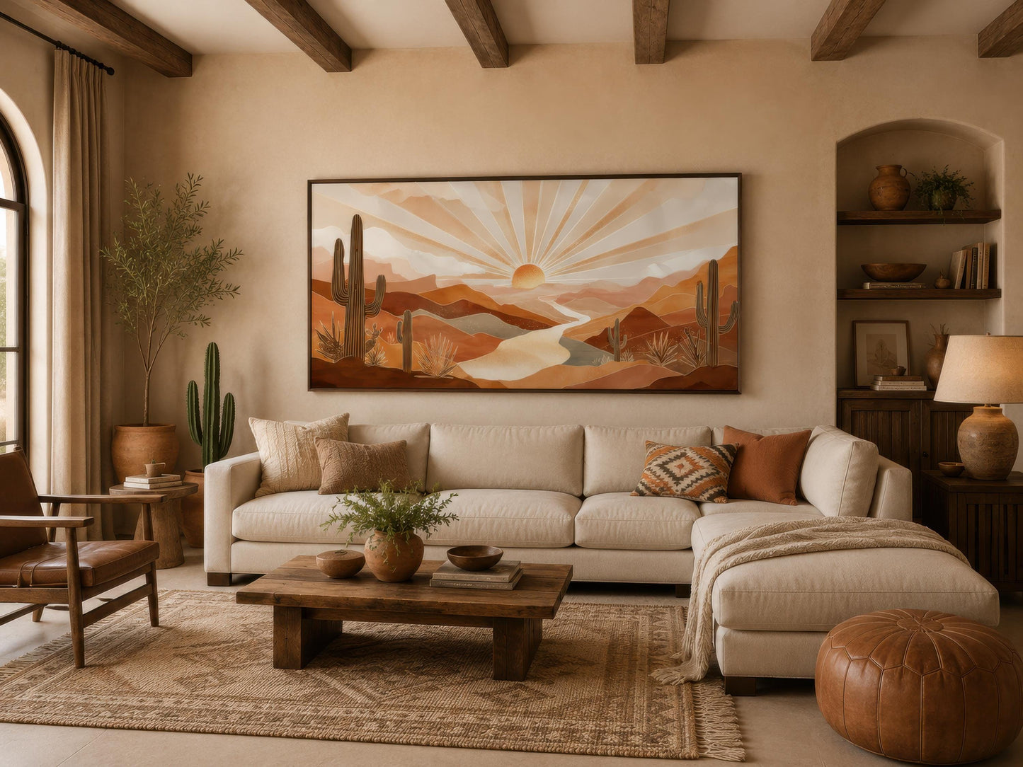 Boho Desert Sunset Wall Art - Southwest Landscape Painting | Saguaro Cactus Canvas Print