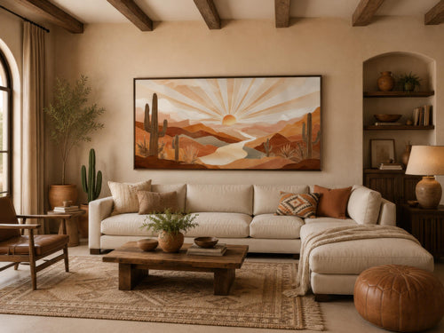 Boho Desert Sunset Wall Art - Southwest Landscape Painting | Saguaro Cactus Canvas Print