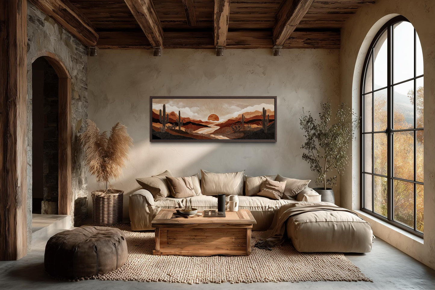 Boho Desert Sunset with Cactus Long Horizontal Canvas Wall Art