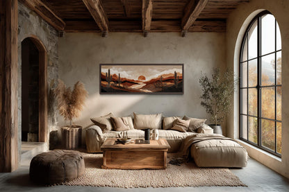 Boho Desert Sunset with Cactus Long Horizontal Canvas Wall Art
