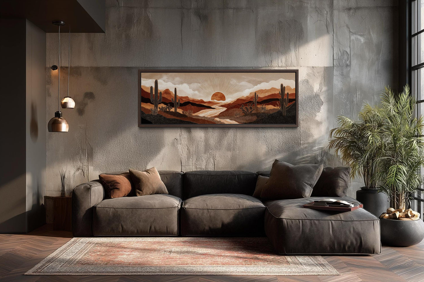 Boho Desert Sunset with Cactus Long Horizontal Canvas Wall Art