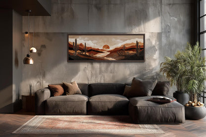 Boho Desert Sunset with Cactus Long Horizontal Canvas Wall Art