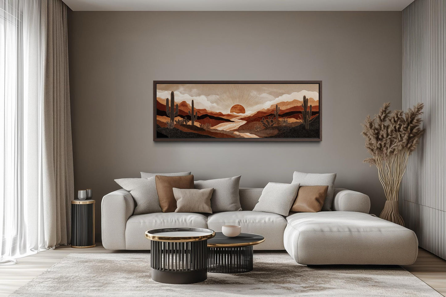 Boho Desert Sunset with Cactus Long Horizontal Canvas Wall Art