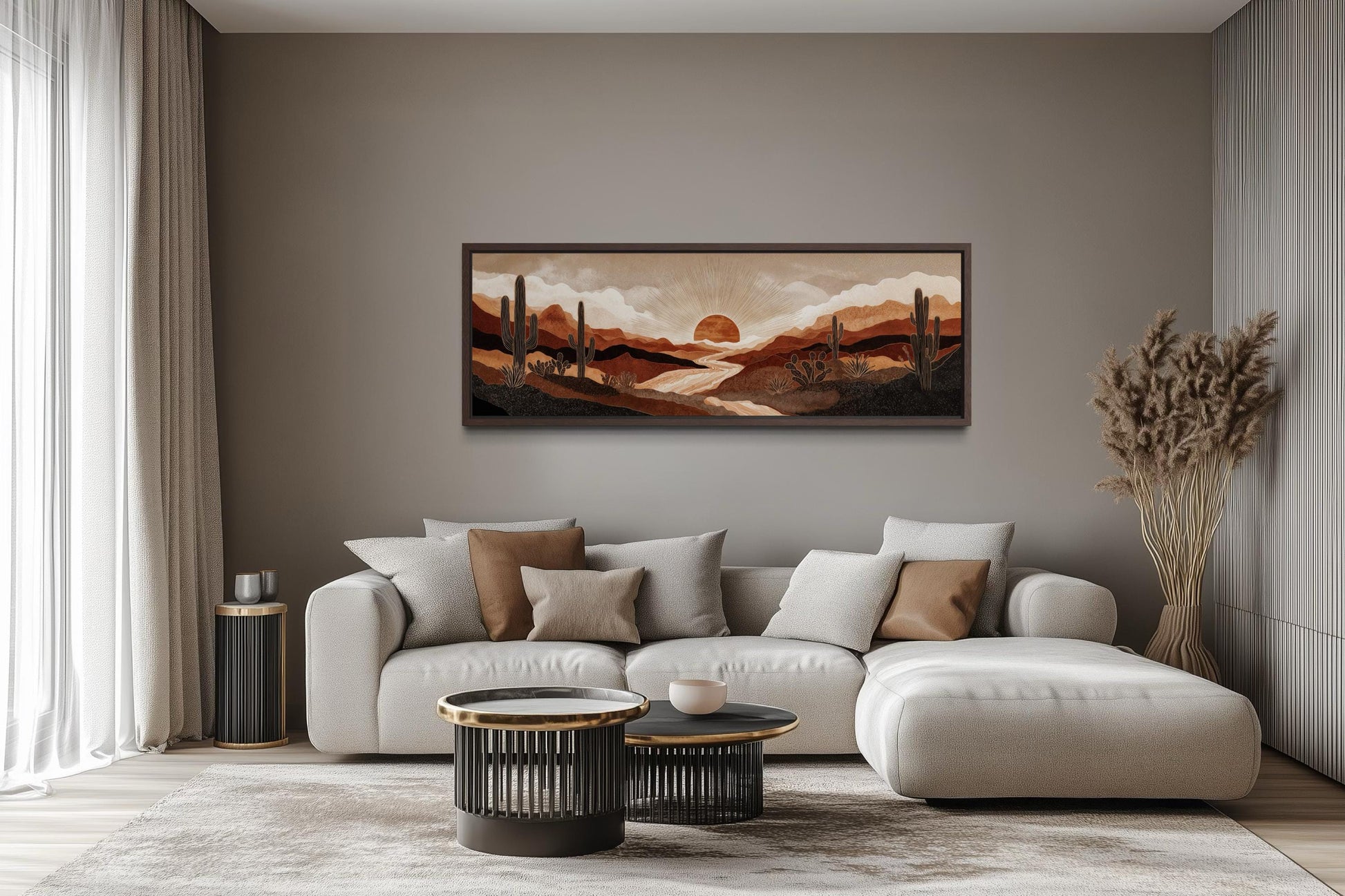 Boho Desert Sunset with Cactus Long Horizontal Canvas Wall Art