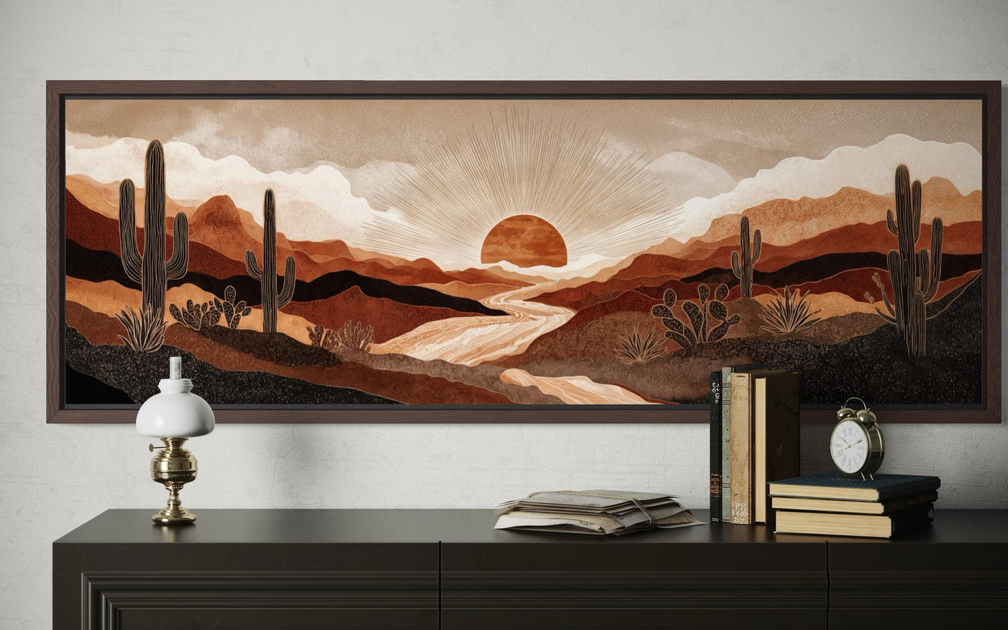 Boho Desert Sunset with Cactus Long Horizontal Canvas Wall Art