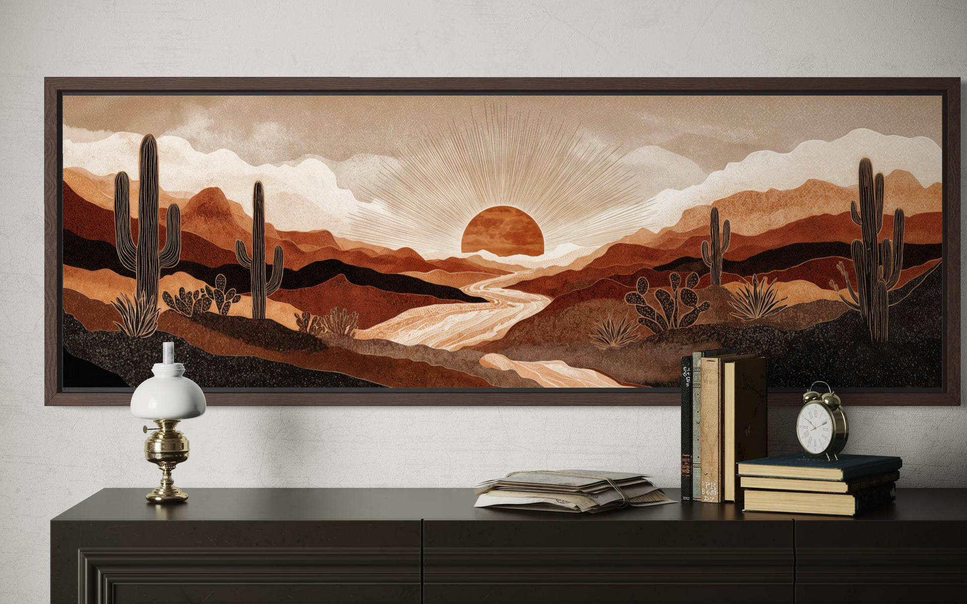 Boho Desert Sunset with Cactus Long Horizontal Canvas Wall Art