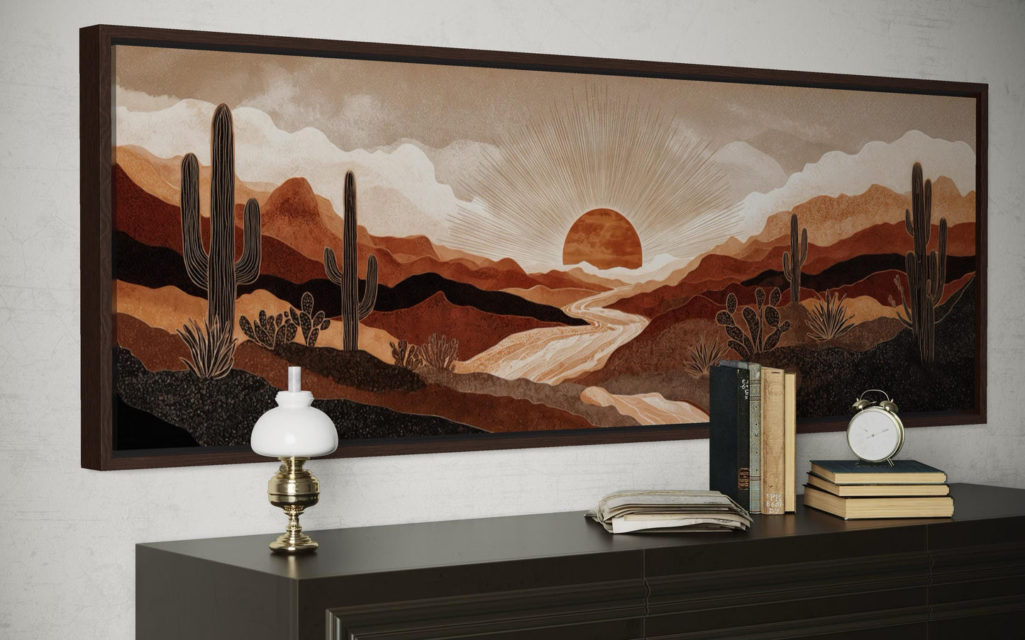 Boho Desert Sunset with Cactus Long Horizontal Canvas Wall Art