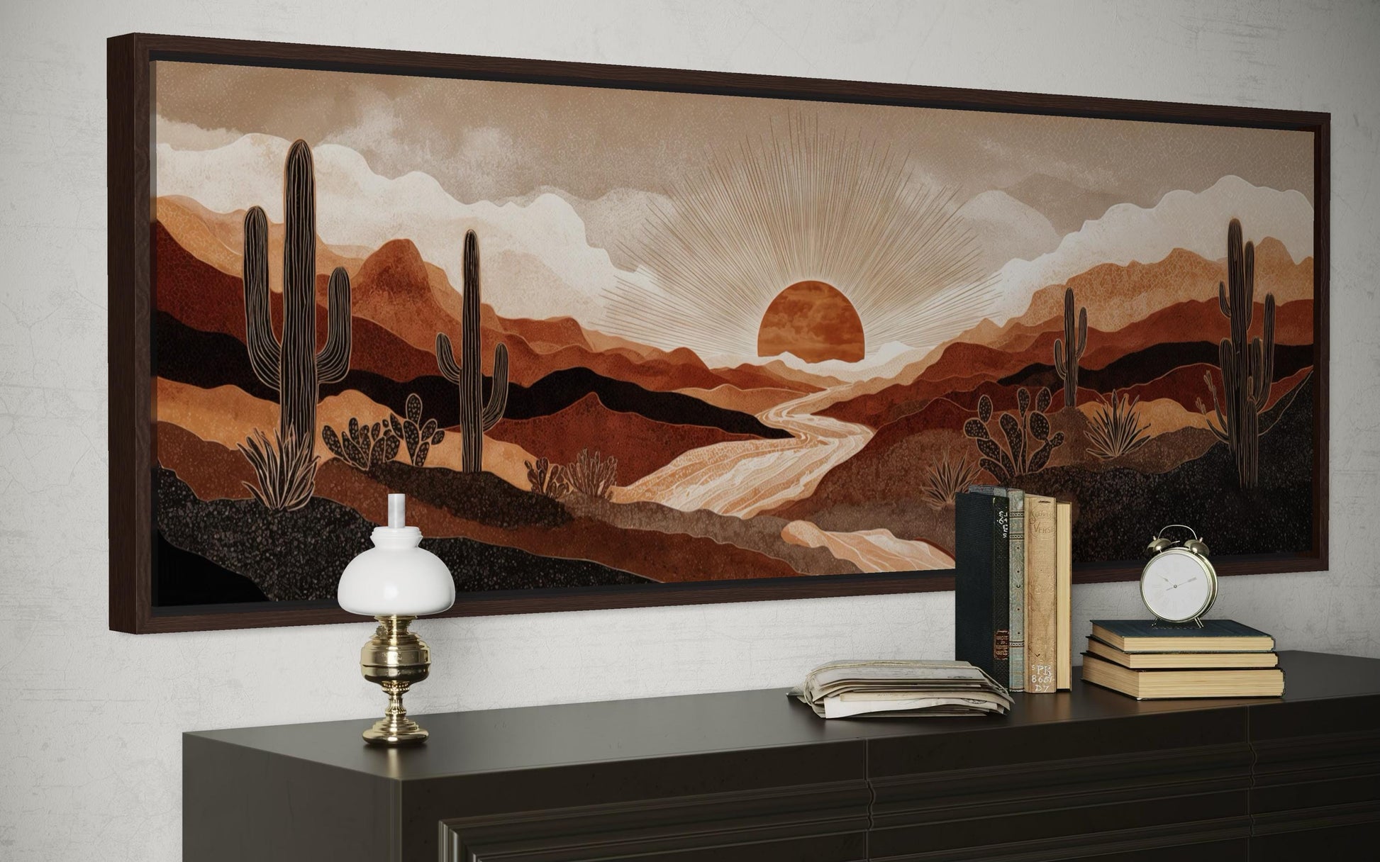 Boho Desert Sunset with Cactus Long Horizontal Canvas Wall Art