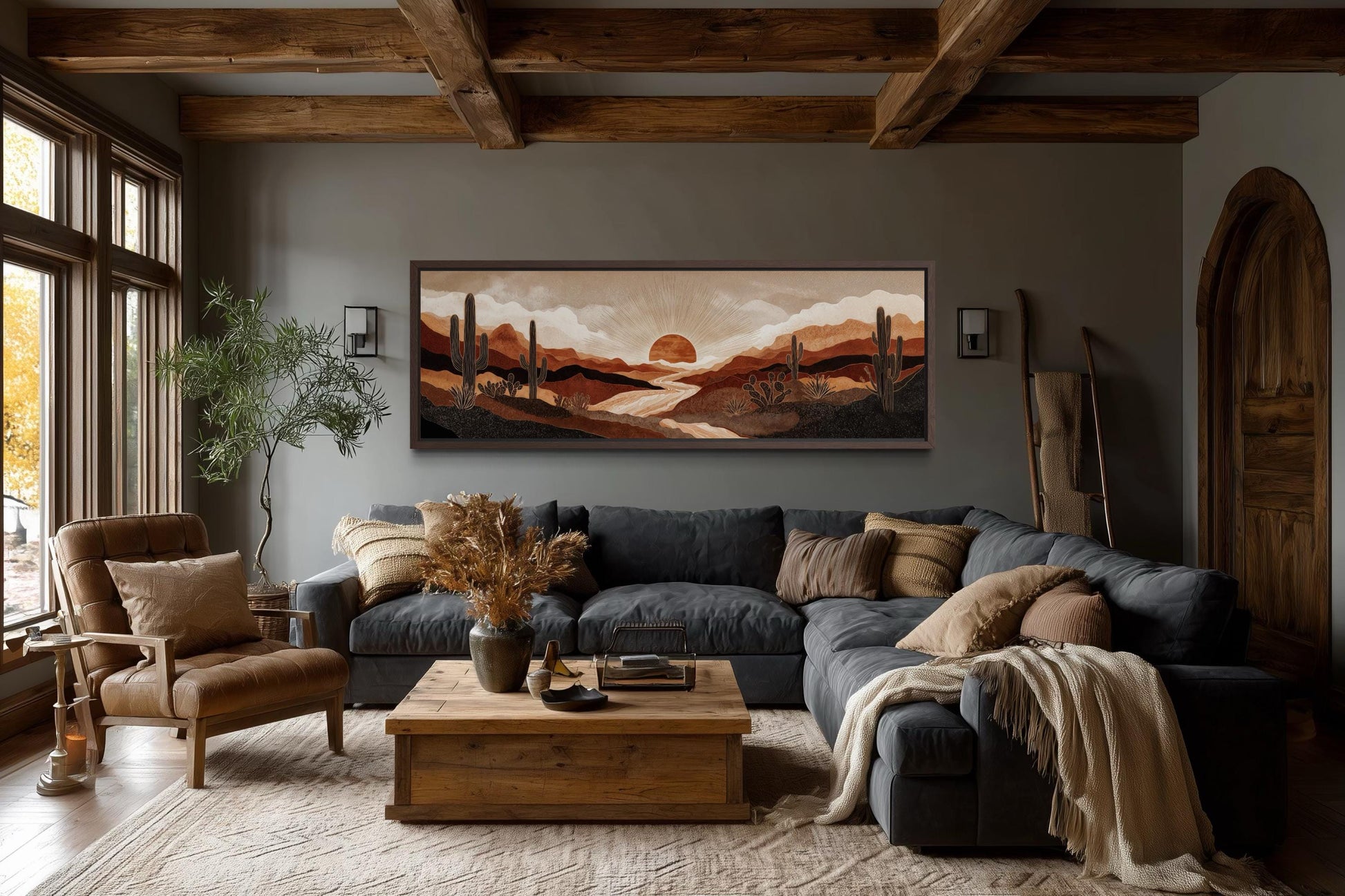 Boho Desert Sunset with Cactus Long Horizontal Canvas Wall Art