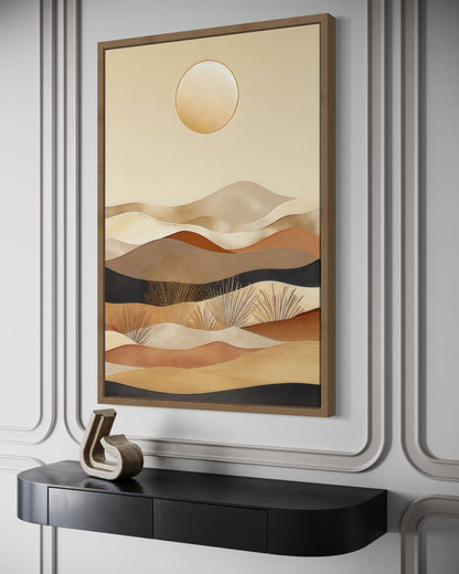 Boho Desert Vertical Mid Century Modern Framed Canvas Wall Art In Neutral Colors