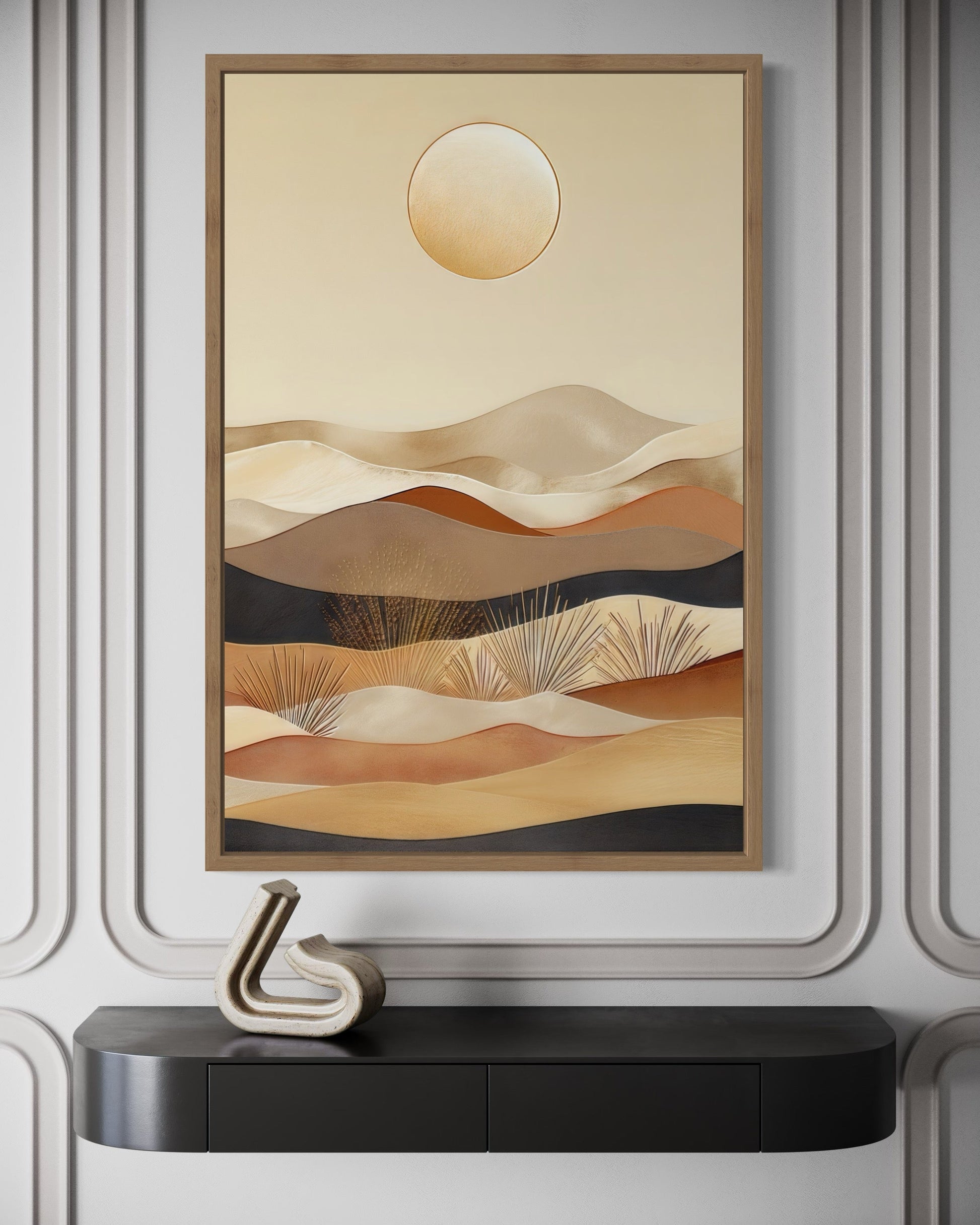 Boho Desert Vertical Mid Century Modern Framed Canvas Wall Art In Neutral Colors